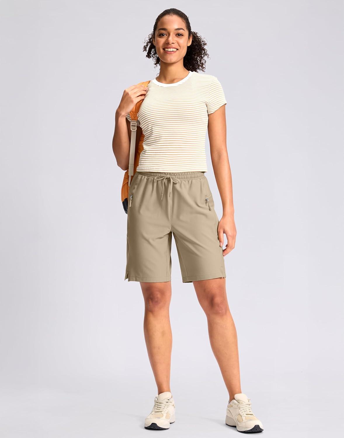 imageG Gradual Womens Hiking Shorts 2 Zipper Pockets Quick Dry Lightweigh 9 Bermuda Cargo Shorts Water Resistant Athletic GolfLight Khaki Green