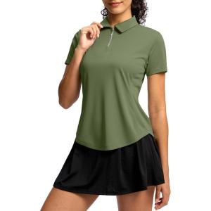 G Gradual Womens Golf Shirt Metal Zip Up Polo Short Sleeve Tennis Work Athletic Collared Top Quick Dry Lightweight(Olive)