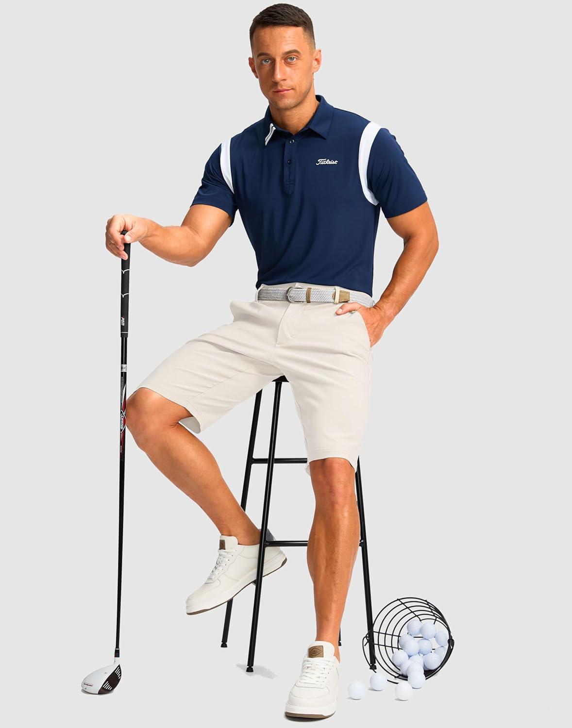 imageMens Golf Shorts with 5 Pockets 11 Inseam Stretch Quick Dry Casual Work Dress Shorts for MenWbeige