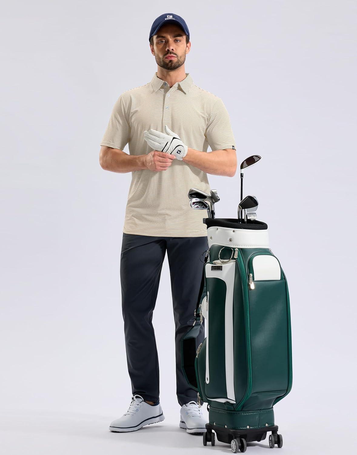 imageG Gradual Mens Golf Polo Shirt Moisture Wicking Performance Sport Short Sleeve Striped Golf ShirtLight Khaki Stripe