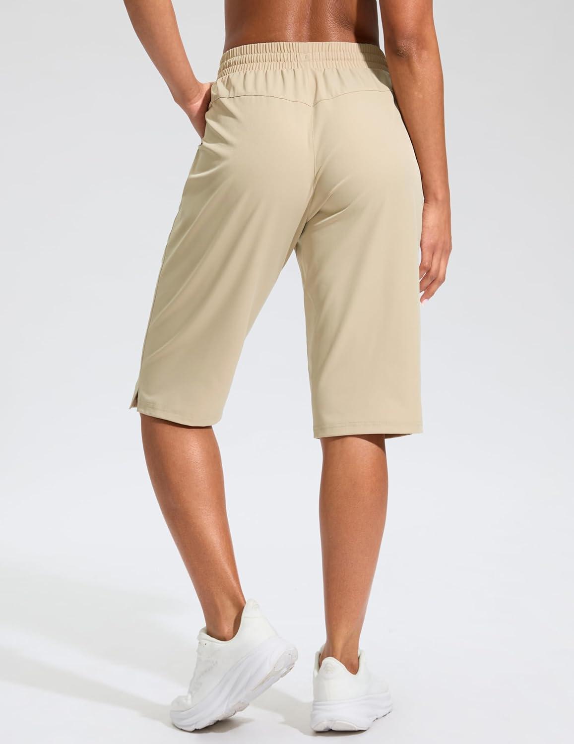 imageG Gradual Womens 13 Long Hiking Shorts with Zipper Pocket Lightweight Quick Dry Knee Length Bermuda Shorts for WomenLight Khaki