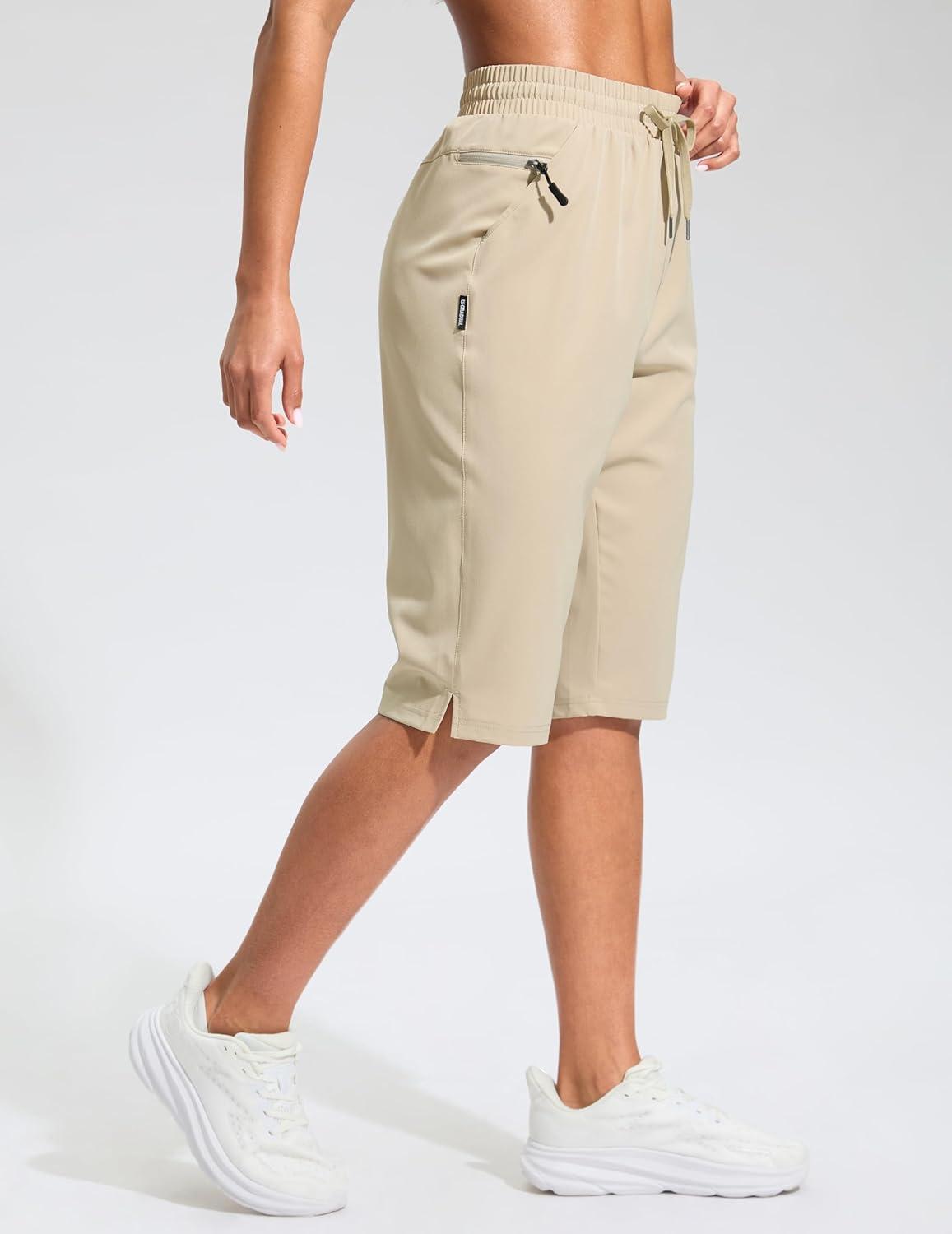 imageG Gradual Womens 13 Long Hiking Shorts with Zipper Pocket Lightweight Quick Dry Knee Length Bermuda Shorts for WomenLight Khaki