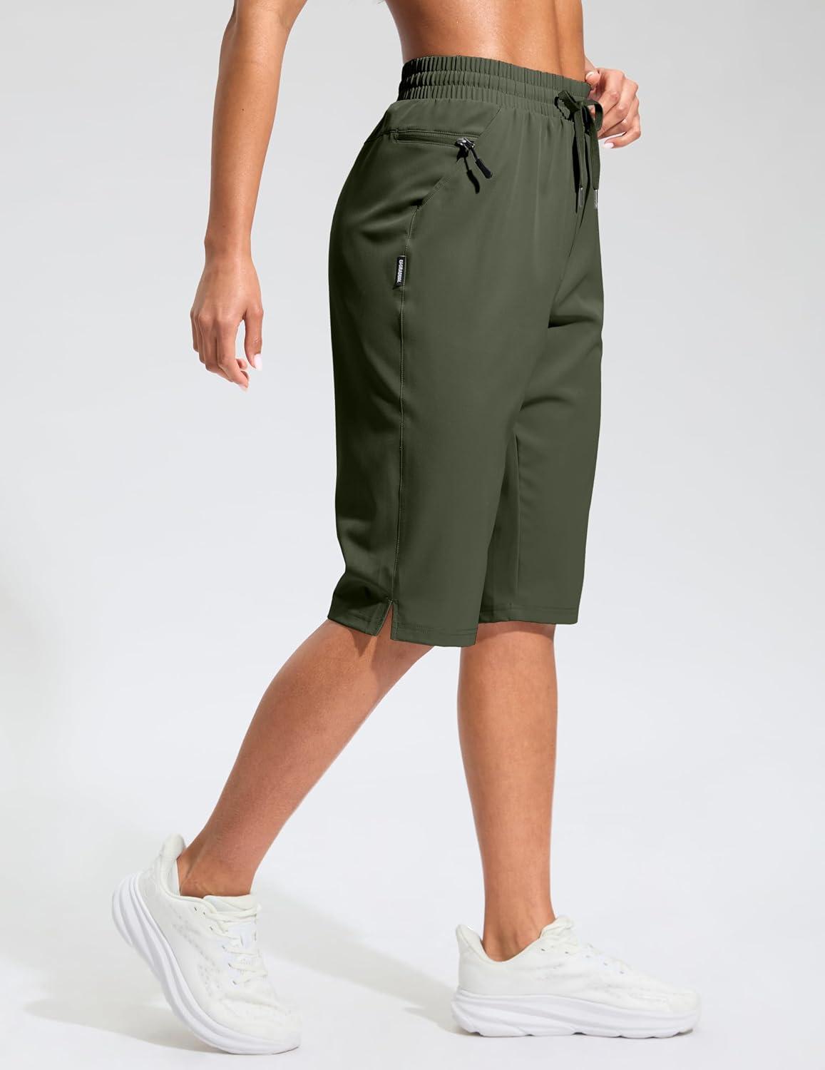 imageG Gradual Womens 13 Long Hiking Shorts with Zipper Pocket Lightweight Quick Dry Knee Length Bermuda Shorts for WomenOlive