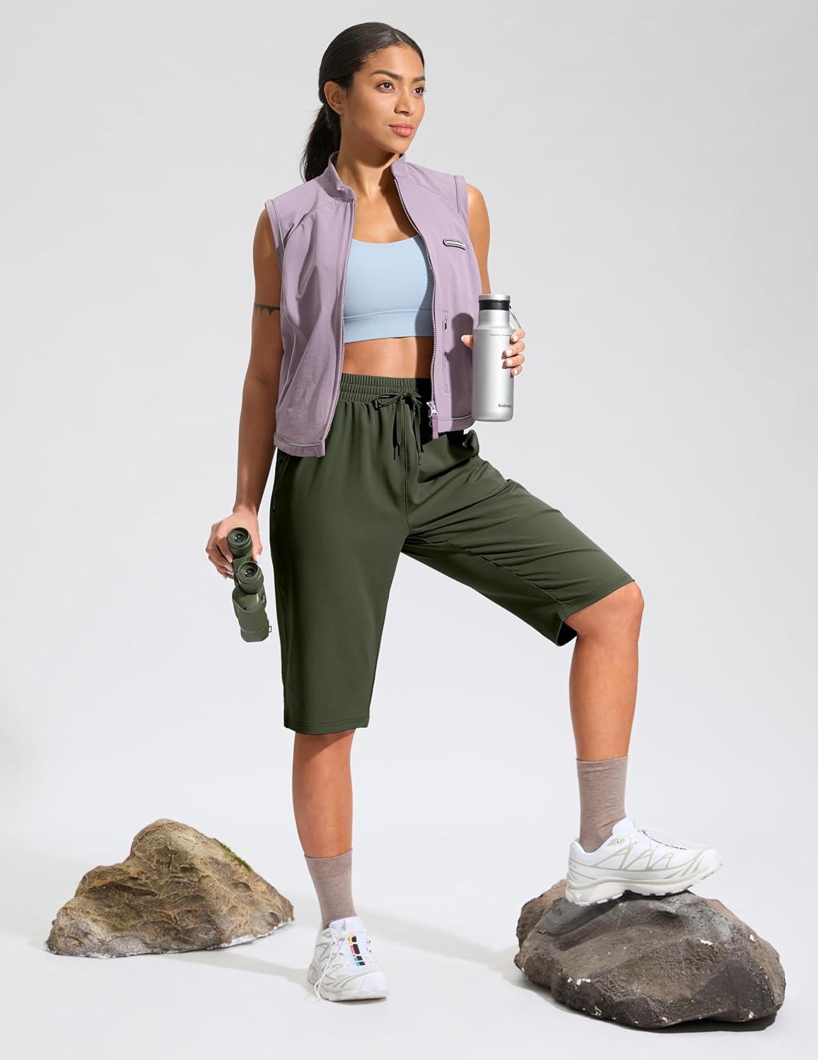 imageG Gradual Womens 13 Long Hiking Shorts with Zipper Pocket Lightweight Quick Dry Knee Length Bermuda Shorts for WomenOlive