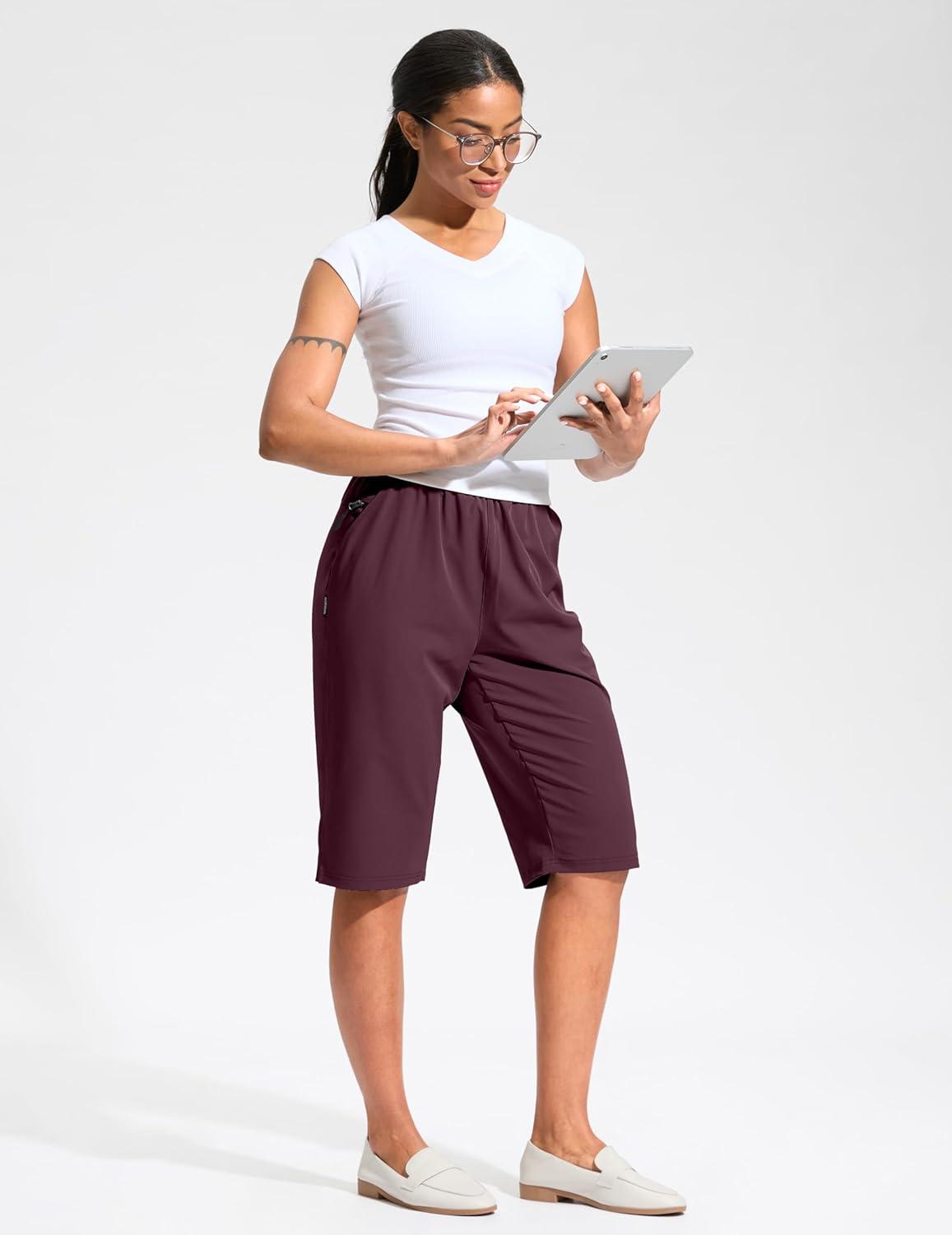 imageG Gradual Womens 13 Long Hiking Shorts with Zipper Pocket Lightweight Quick Dry Knee Length Bermuda Shorts for WomenWine