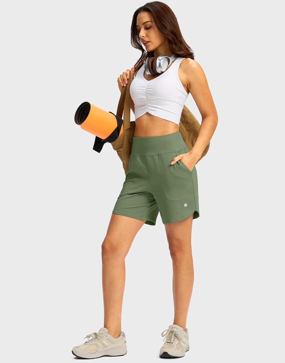 imageG Gradual Womens Athletic Shorts 6 High Waisted Stretchy Bermuda Shorts for Women Quick Dry Summer Casual ShortsLight Grey Sage