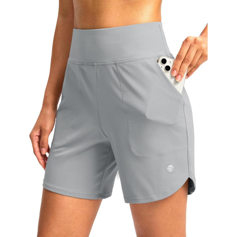imageG Gradual Womens Athletic Shorts 6 High Waisted Stretchy Bermuda Shorts for Women Quick Dry Summer Casual ShortsBright Grey