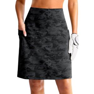 G Gradual Women’s 20″ Knee Length Golf Skirt Skort 4 Side Pockets Stretch High Waisted Tummy Control Skirt with Short(Black Camo)