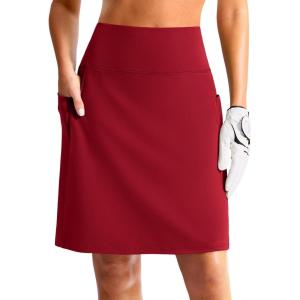 G Gradual Women’s 20″ Knee Length Golf Skirt Skort 4 Side Pockets Stretch High Waisted Tummy Control Skirt with Short(Red)