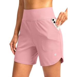 G Gradual Women’s Athletic Shorts 6″ High Waisted Stretchy Bermuda Shorts for Women Quick Dry Summer Casual Shorts(Light Pink)