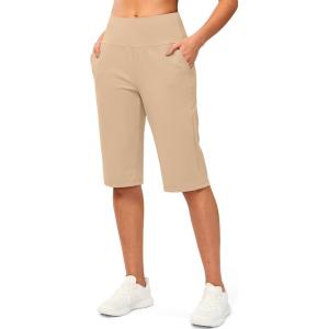 G Gradual Women’s Bermuda Long Shorts 14″ Knee Length Capris with Pockets High Waisted Athletic Casual Shorts for Women(Light Khaki)