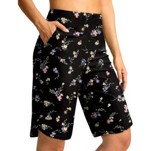 G Gradual Women’s High Waisted Swim Board Shorts 11″ Knee Length Beach Swimming Long Shorts for Women with Pockets Liner(Black Floral)