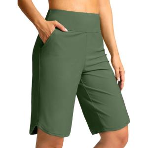 G Gradual Women’s High Waisted Swim Board Shorts 11″ Knee Length Beach Swimming Long Shorts for Women with Pockets Liner(Green)