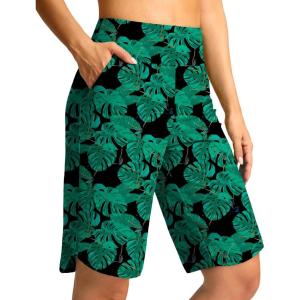 G Gradual Women’s High Waisted Swim Board Shorts 11″ Knee Length Beach Swimming Long Shorts for Women with Pockets Liner(Leaf)