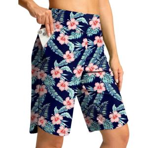 G Gradual Women’s High Waisted Swim Board Shorts 11″ Knee Length Beach Swimming Long Shorts for Women with Pockets Liner(Navy Flower)