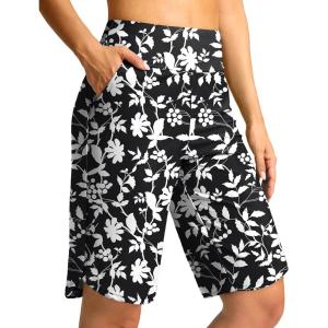 G Gradual Women’s High Waisted Swim Board Shorts 11″ Knee Length Beach Swimming Long Shorts for Women with Pockets Liner(White Flower)
