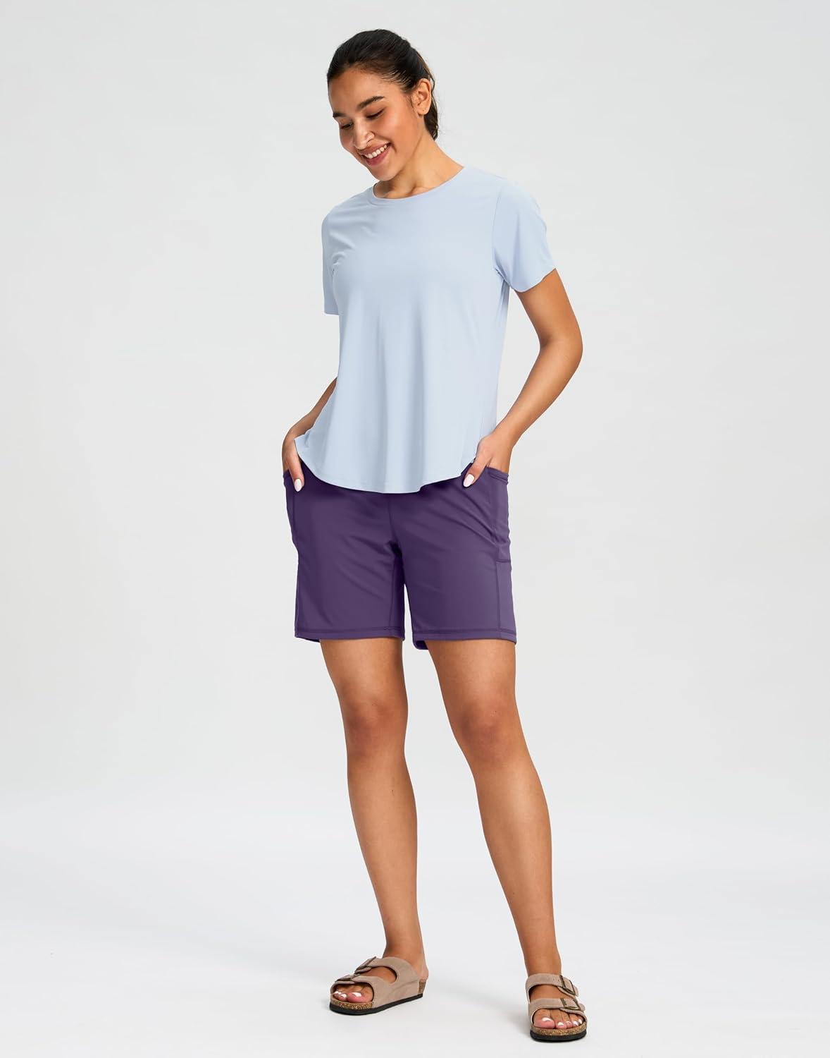 imageG Gradual Womens 79 Bermuda Long Shorts with Pockets High Waisted Athletic Knee Length Shorts for Women WalkingDark Purple