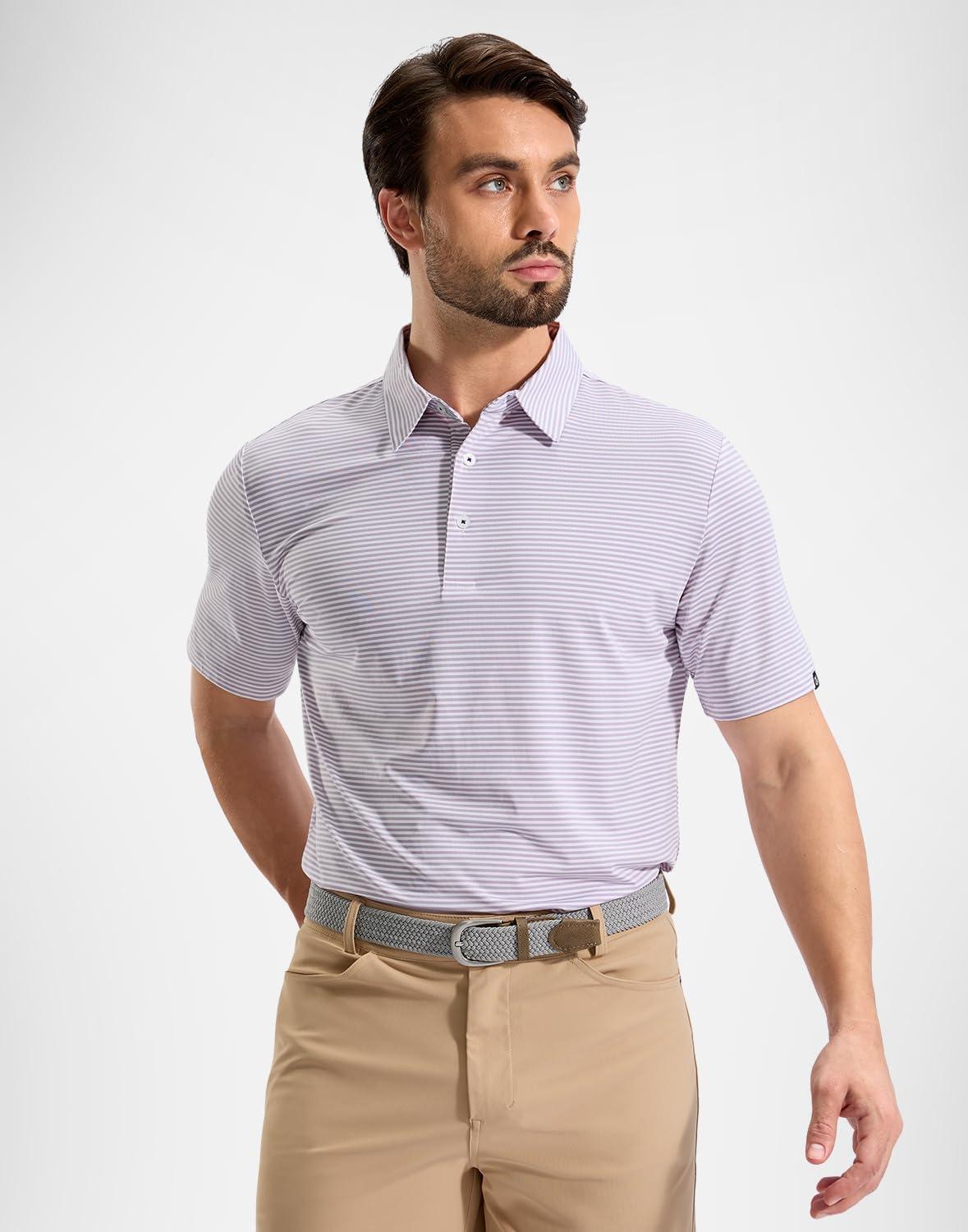imageG Gradual Mens Golf Shirt Dry Fit Moisture Wicking Perfomance Short Sleeve Striped Polo Shirts for Men Dressy CasualLavender Stripe