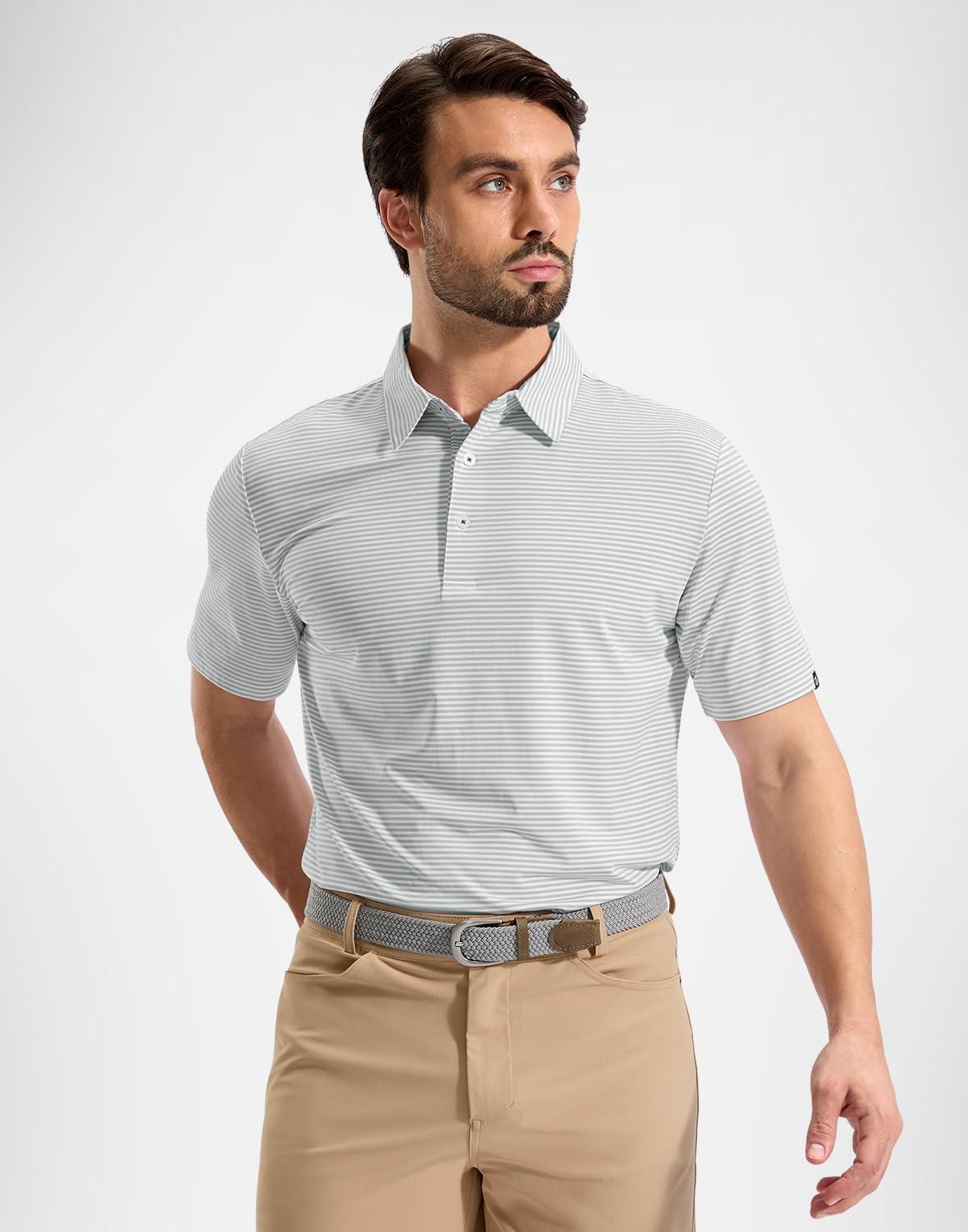 imageG Gradual Mens Golf Shirt Dry Fit Moisture Wicking Perfomance Short Sleeve Striped Polo Shirts for Men Dressy CasualLight Grey Stripe