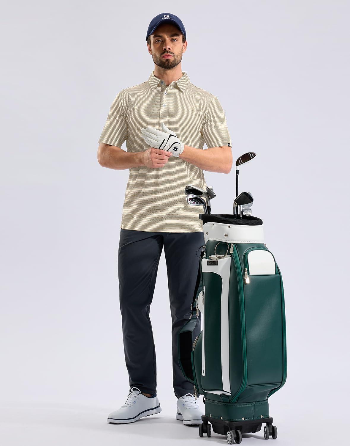 imageG Gradual Mens Golf Shirt Dry Fit Moisture Wicking Perfomance Short Sleeve Striped Polo Shirts for Men Dressy CasualLight Khaki Stripe