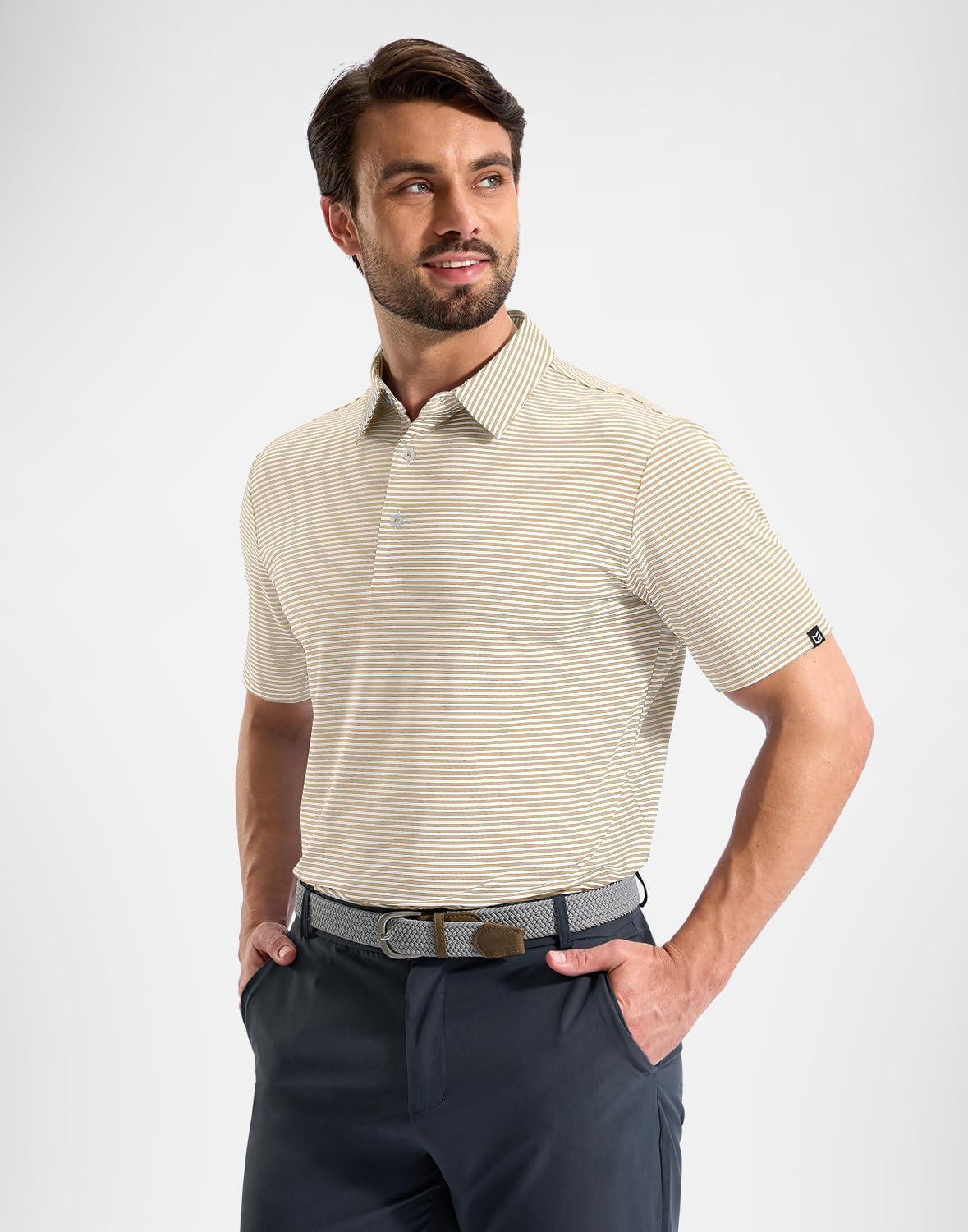 imageG Gradual Mens Golf Shirt Dry Fit Moisture Wicking Perfomance Short Sleeve Striped Polo Shirts for Men Dressy CasualLight Khaki Stripe