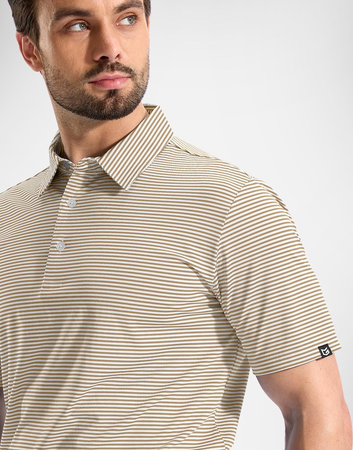 imageG Gradual Mens Golf Shirt Dry Fit Moisture Wicking Perfomance Short Sleeve Striped Polo Shirts for Men Dressy CasualLight Khaki Stripe