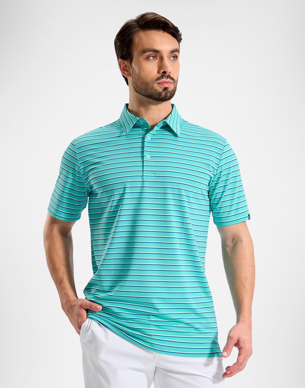 imageG Gradual Mens Golf Shirt Dry Fit Moisture Wicking Perfomance Short Sleeve Striped Polo Shirts for Men Dressy CasualWide Cyan Stripe
