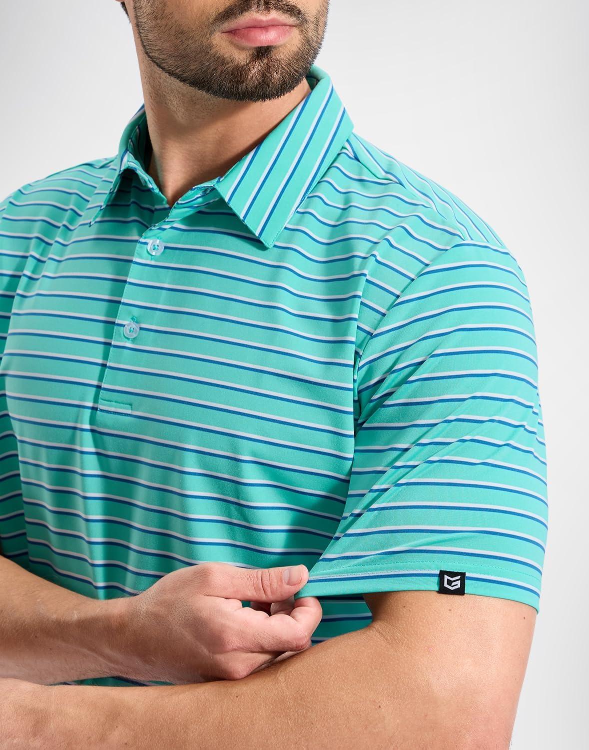 imageG Gradual Mens Golf Shirt Dry Fit Moisture Wicking Perfomance Short Sleeve Striped Polo Shirts for Men Dressy CasualWide Cyan Stripe