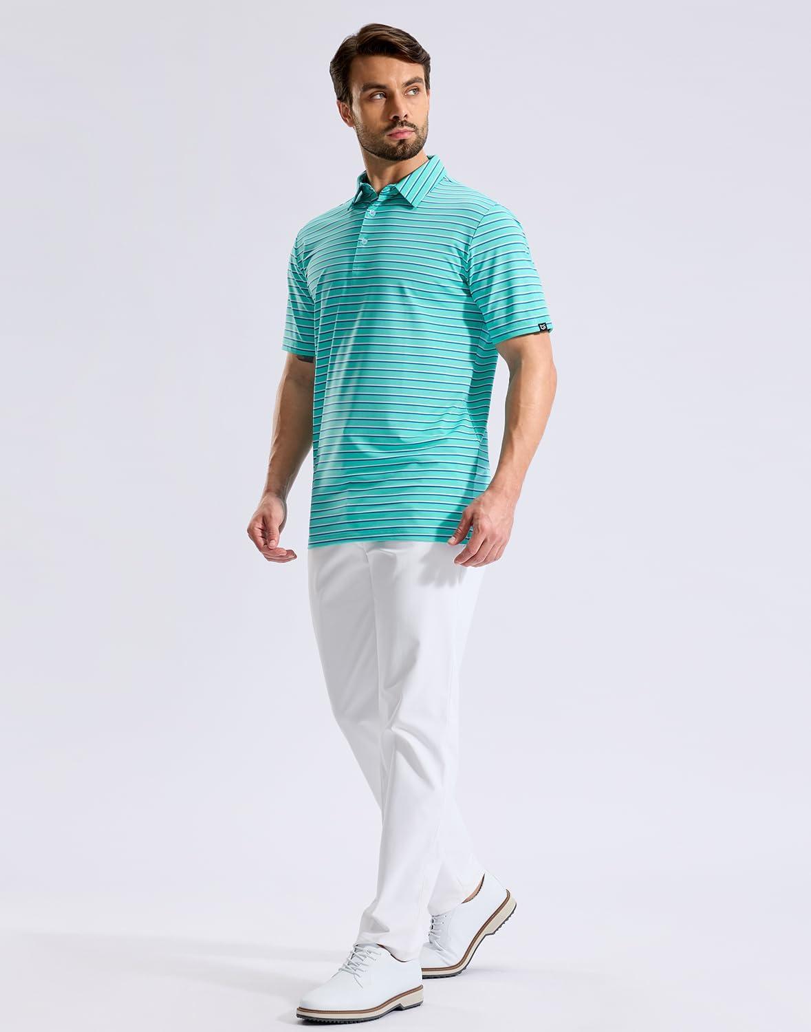 imageG Gradual Mens Golf Shirt Dry Fit Moisture Wicking Perfomance Short Sleeve Striped Polo Shirts for Men Dressy CasualWide Cyan Stripe