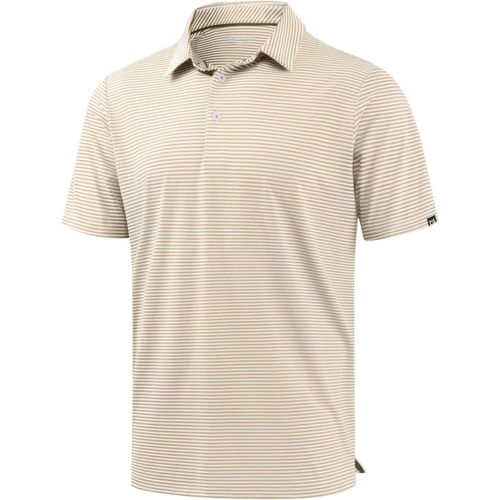 imageG Gradual Mens Golf Shirt Dry Fit Moisture Wicking Perfomance Short Sleeve Striped Polo Shirts for Men Dressy CasualLight Khaki Stripe