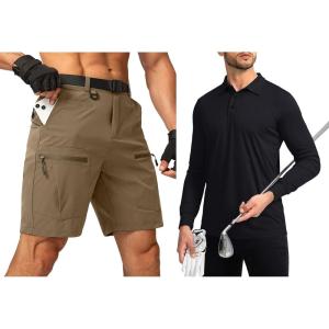 G Gradual Men’s Hiking Cargo Shorts & Polo Shirt Long Sleeve Golf Shirts (Size: L)