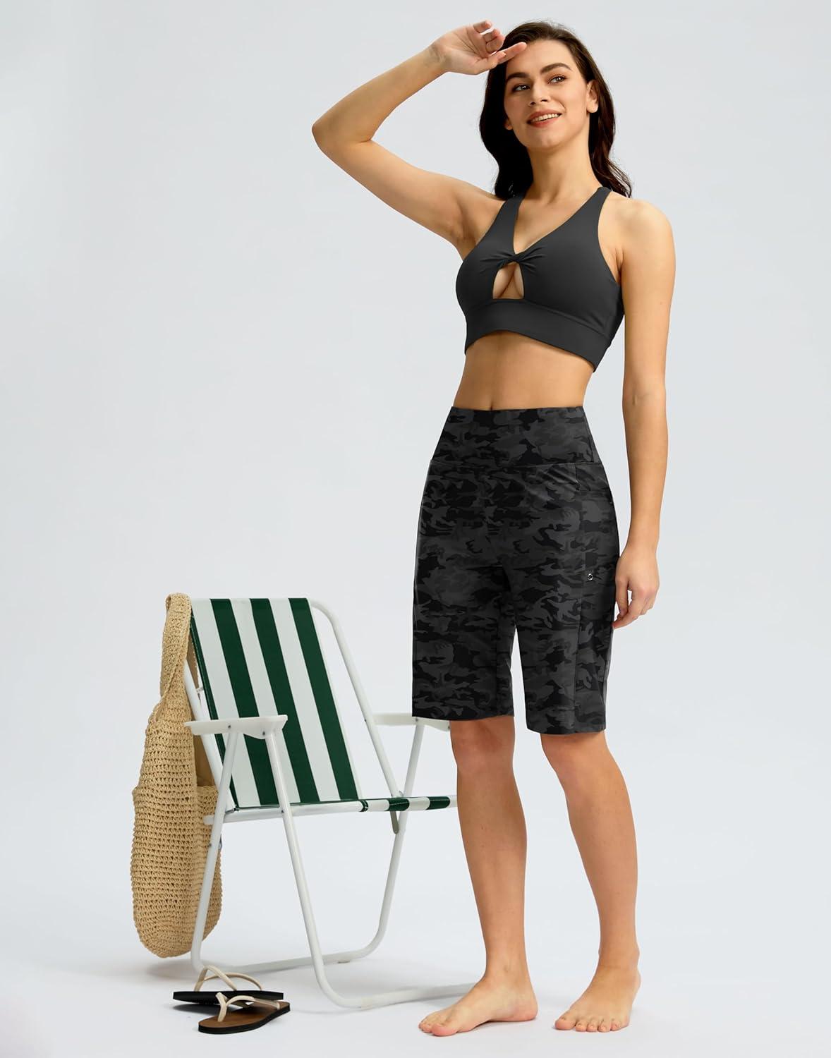 imageG GRADUAL Womens 11 Long Swim Board Shorts High Waisted Knee Length Beach Swimming Shorts for Women with Pockets LinerGrey Camo