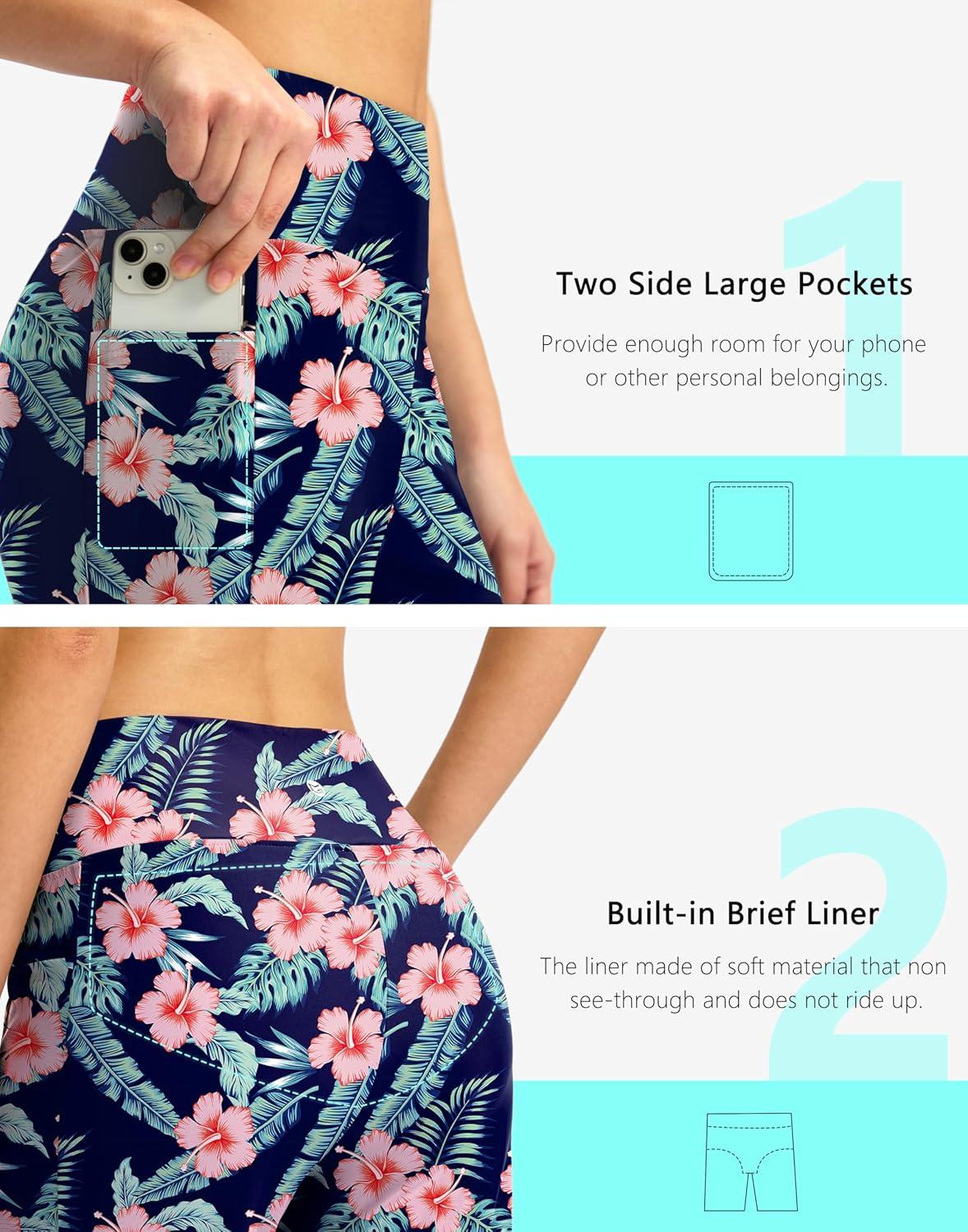 imageG GRADUAL Womens 11 Long Swim Board Shorts High Waisted Knee Length Beach Swimming Shorts for Women with Pockets LinerNavy Flower