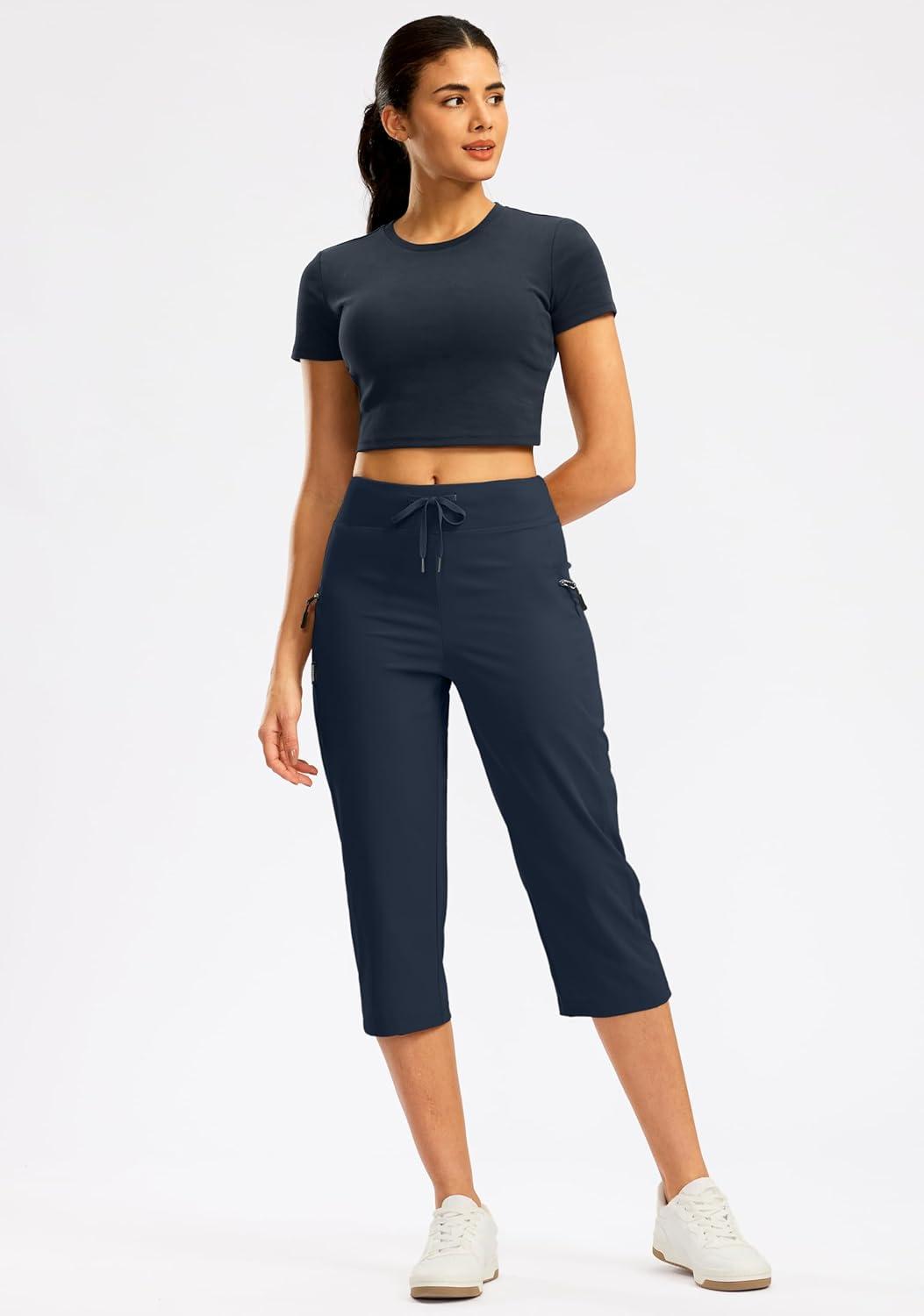 imageG GRADUAL Womens Capri Pants with 3 Zipper Pockets Lightweight Quick Dry Hiking Travel Capris Pants for Women Casual SummerNavy