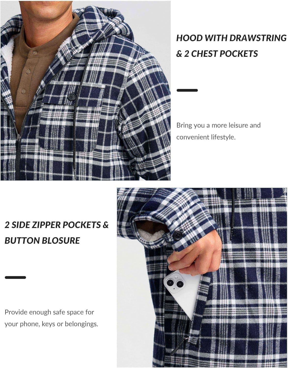 imageG Gradual Mens Flannel Jacket Fleece Sherpa Lined Hoodies Zip Up Plaid Shirt Warm Winter Jackets for Men with Zipper PocketsBlack Navy