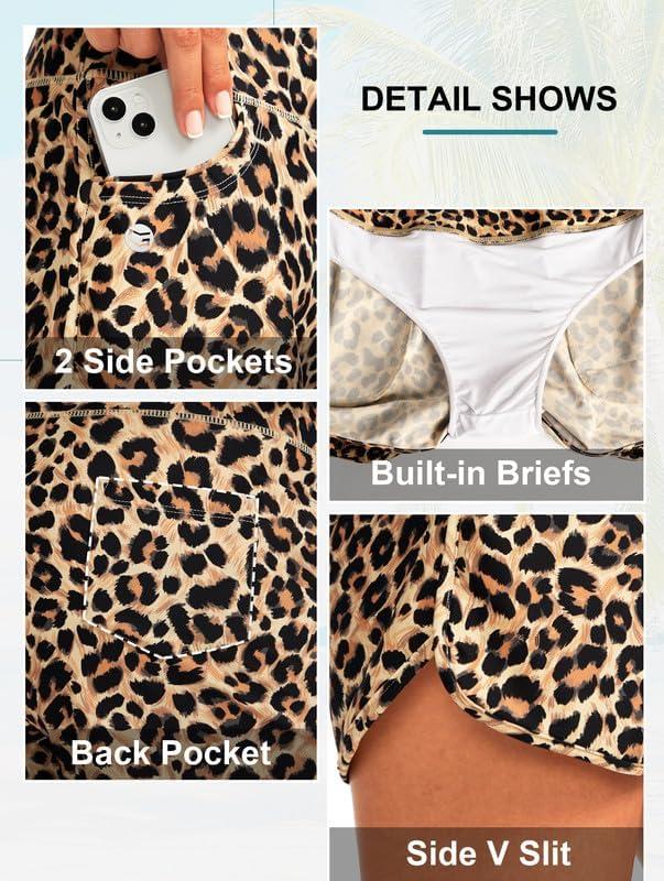 imageG Gradual Womens 3 High Waisted Swim Board Shorts with Pockets Quick Dry Swimsuit Bottoms Bathing Suit for Women with LinerLeopard