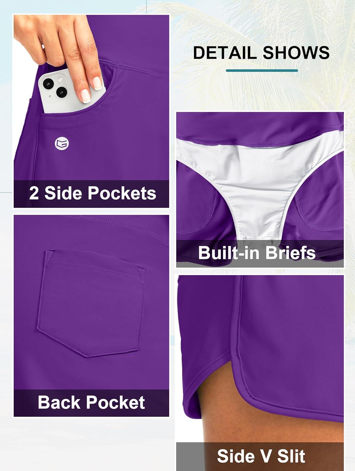 imageG Gradual Womens 3 High Waisted Swim Board Shorts with Pockets Quick Dry Swimsuit Bottoms Bathing Suit for Women with LinerPurple