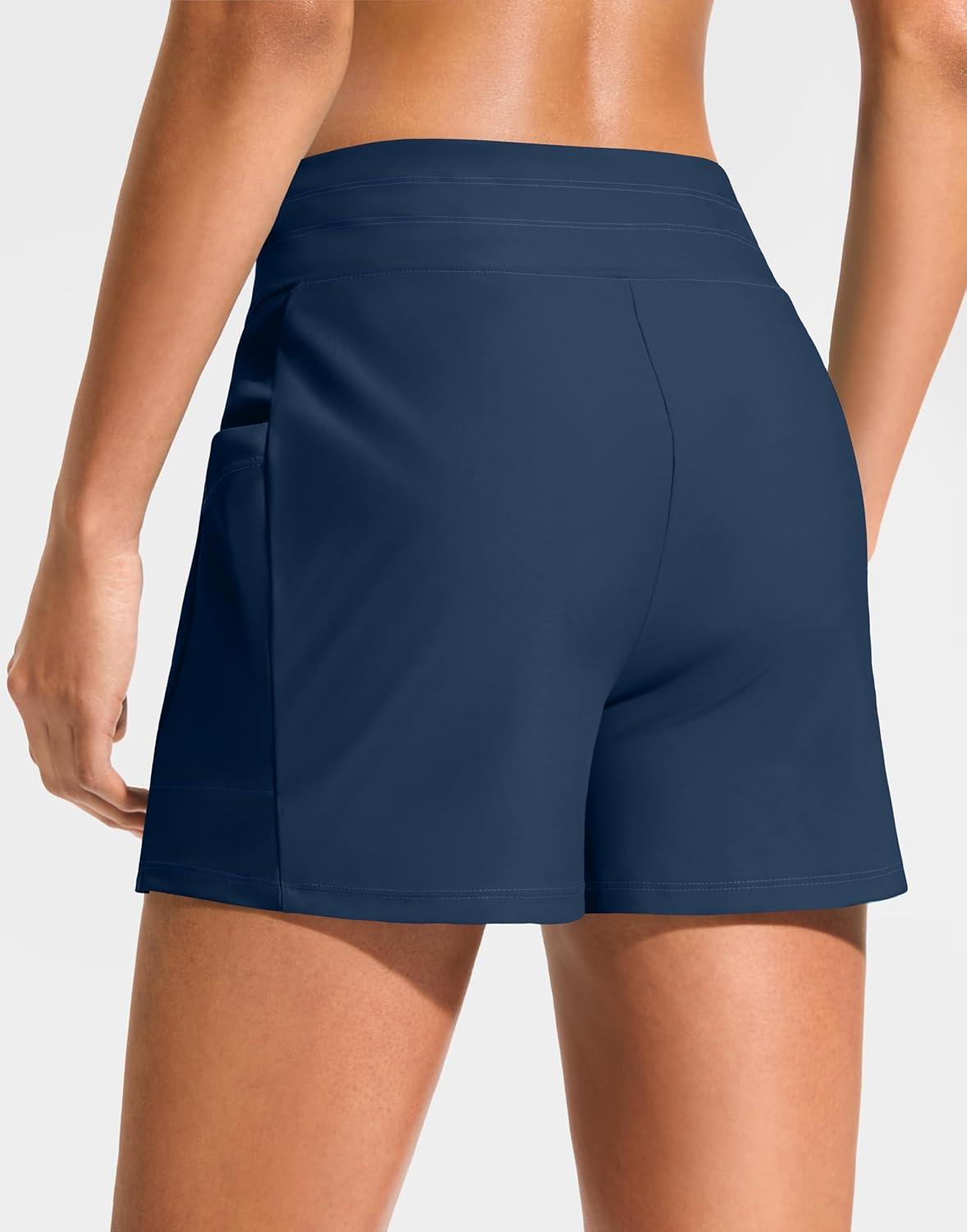 imageG Gradual Womens 4 High Waisted Swim Board Shorts with Pockets Quick Dry Swimming Swimsuit Bathing Suit Bottoms for WomenDark Blue