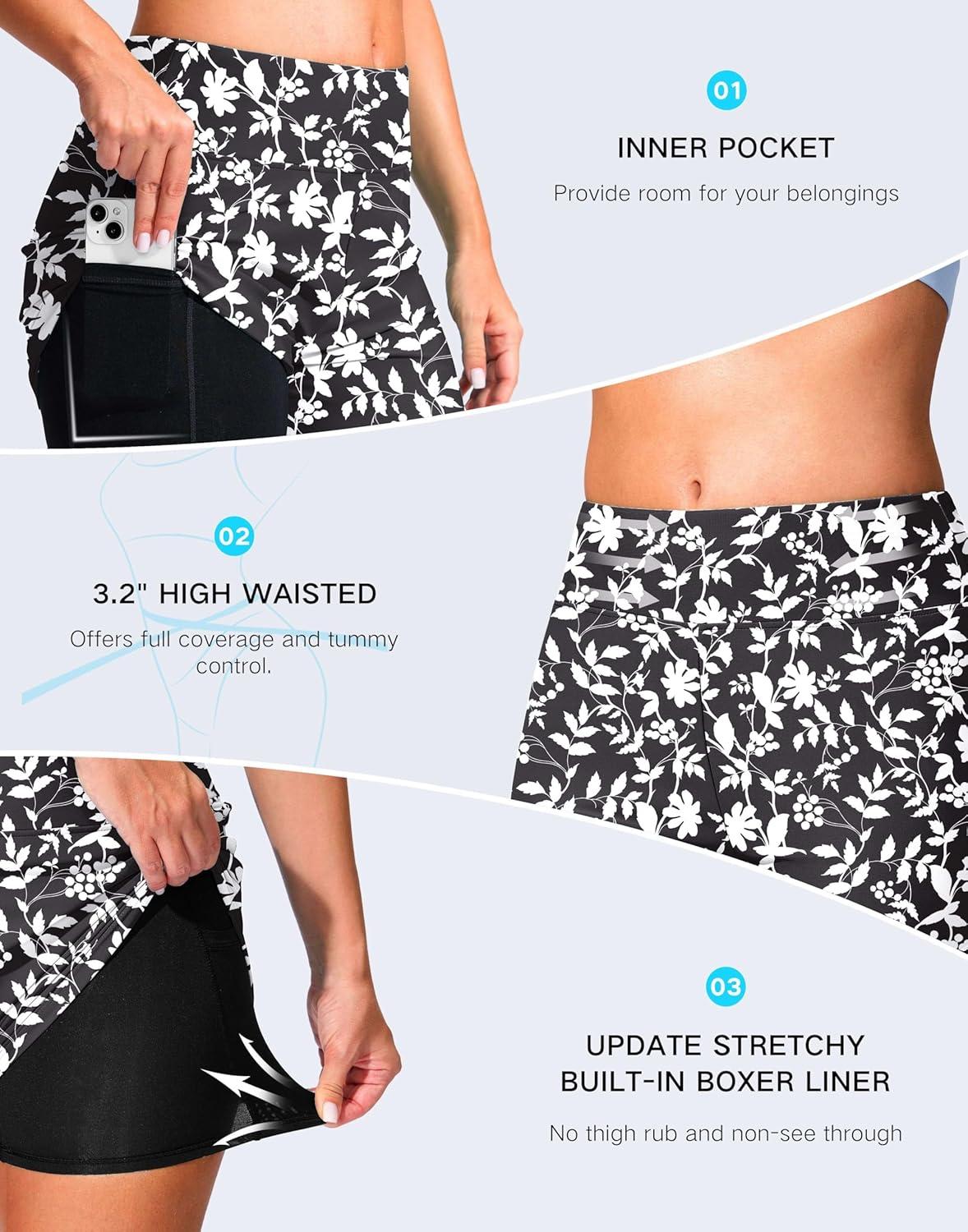 imageG Gradual Womens 4 Swim Board Shorts High Waisted Tummy Control Swimsuit Bathing Suit Bottoms for Women with Liner PocketBlack Floral