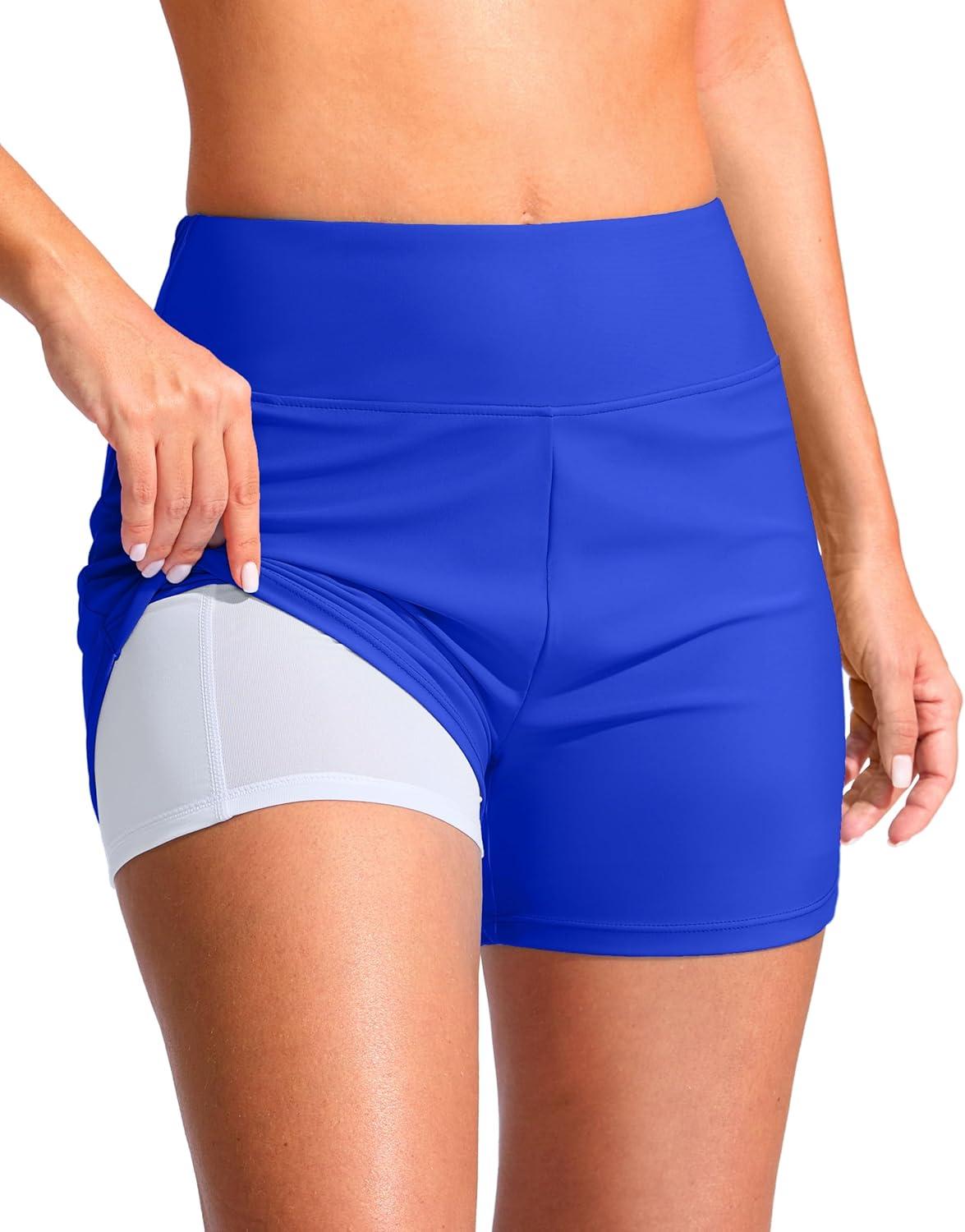 imageG Gradual Womens 4 Swim Board Shorts High Waisted Tummy Control Swimsuit Bathing Suit Bottoms for Women with Liner PocketDazzling Blue