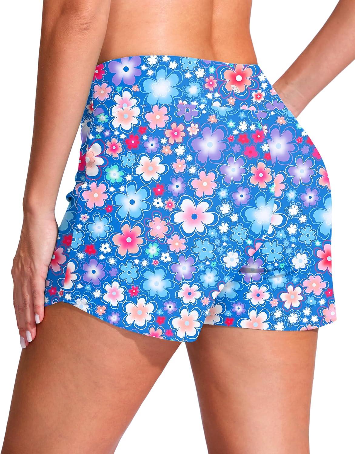 imageG Gradual Womens 4 Swim Board Shorts High Waisted Tummy Control Swimsuit Bathing Suit Bottoms for Women with Liner PocketNavy Flower