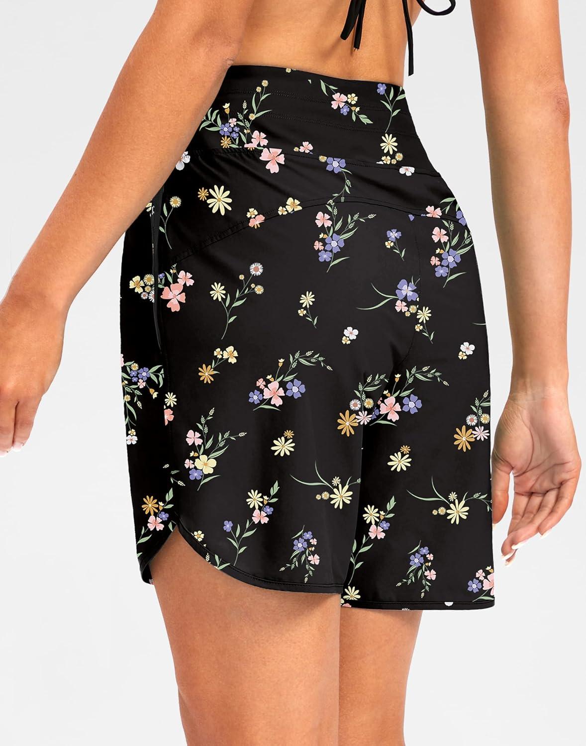 imageG Gradual Womens 7 Quick Dry High Waisted Swim Board Shorts with Zipper Pockets UPF 50 Beach Shorts for Women with LinerBlack Floral