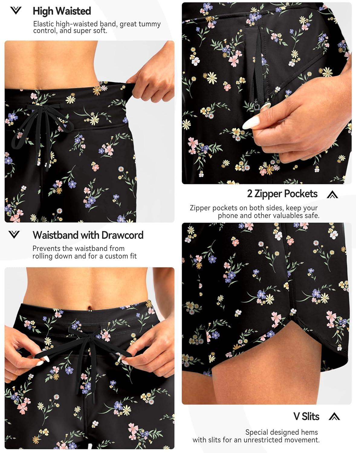 imageG Gradual Womens 7 Quick Dry High Waisted Swim Board Shorts with Zipper Pockets UPF 50 Beach Shorts for Women with LinerBlack Floral