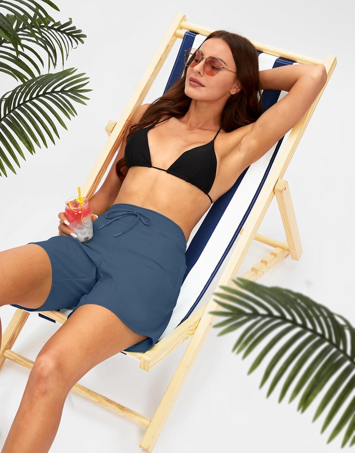 imageG Gradual Womens 7 Quick Dry High Waisted Swim Board Shorts with Zipper Pockets UPF 50 Beach Shorts for Women with LinerDusty Blue