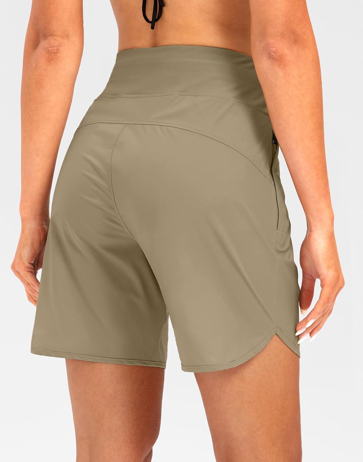 imageG Gradual Womens 7 Quick Dry High Waisted Swim Board Shorts with Zipper Pockets UPF 50 Beach Shorts for Women with LinerKhaki