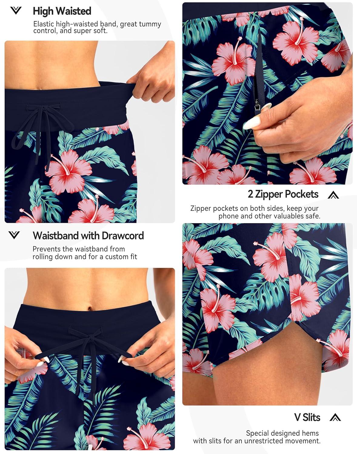 imageG Gradual Womens 7 Quick Dry High Waisted Swim Board Shorts with Zipper Pockets UPF 50 Beach Shorts for Women with LinerNavy Flower