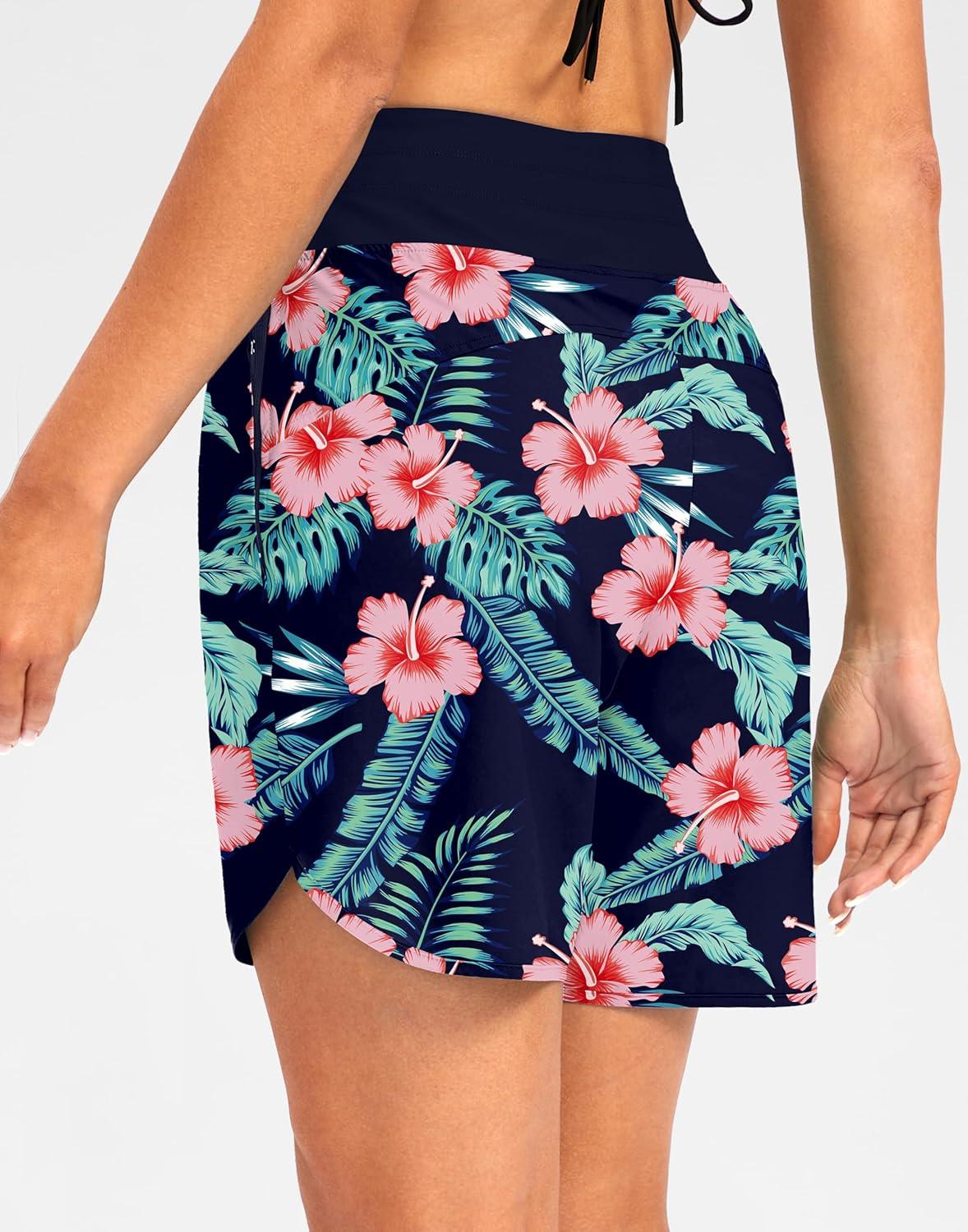 imageG Gradual Womens 7 Quick Dry High Waisted Swim Board Shorts with Zipper Pockets UPF 50 Beach Shorts for Women with LinerNavy Flower