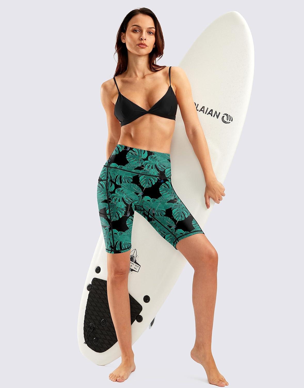 imageG Gradual Womens 9 High Waisted Swim Board Shorts Tummy Control Swimsuit Bottoms for Women with Liner PocketsLeaf
