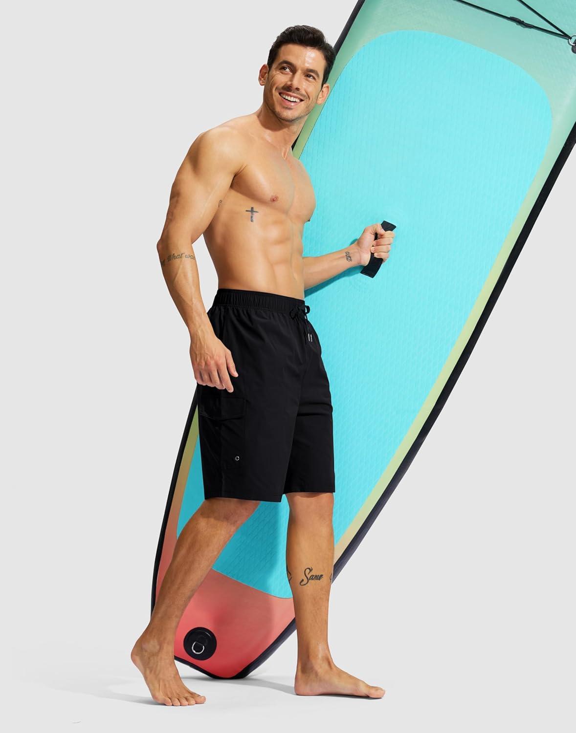 imageMens Swim Trunks No Liner 9 Board Shorts Quick Dry Bathing Suit Swimming Beach Shorts for Men with 3 PocketsBlack