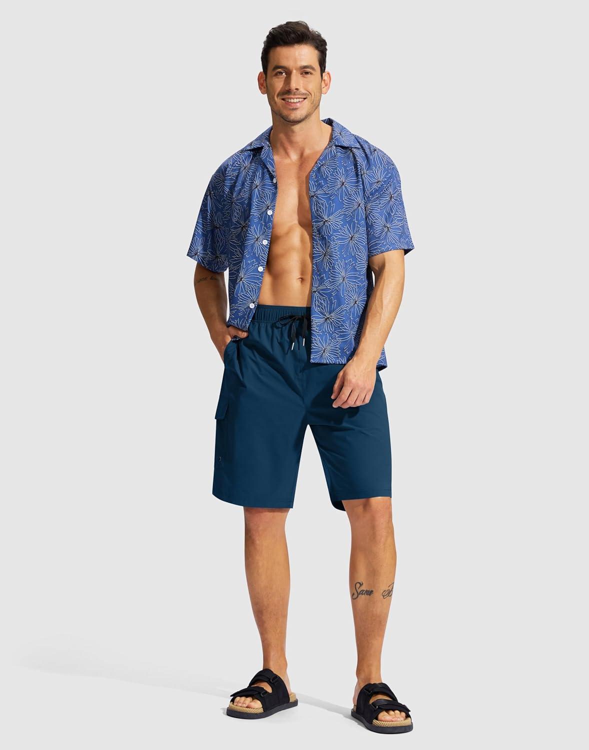 imageMens Swim Trunks No Liner 9 Board Shorts Quick Dry Bathing Suit Swimming Beach Shorts for Men with 3 PocketsDark Blue